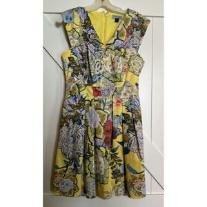Cynthia Rowley Sleeveless Yellow Floral Dress V Neck Ban Waist Fit Flare SZ 4‎